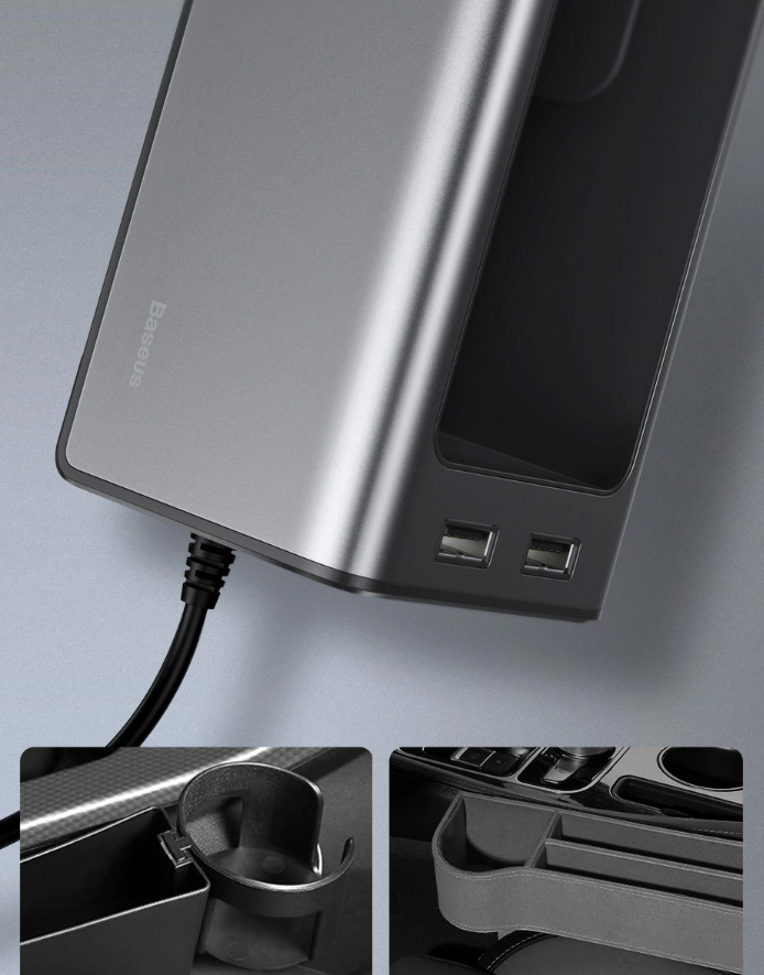 Baseus Deluxe Metall-Auto-Organizer mit Getränkehalter, 2x USB