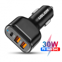 USLİON 30W 2 USB + Type-C Girişli QC3.0 Hızlı Araç Çakmaklık Şarjı