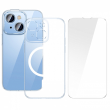 Baseus iPhone 15 Crystal Serisi Manyetik Magsafe Silikon Kılıf + Tempered Ekran Koruyucu Set